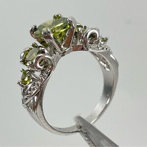 Beautiful Statement 5 Stone Round Cut Olive Green Diamond CZ Silver Plated Ring